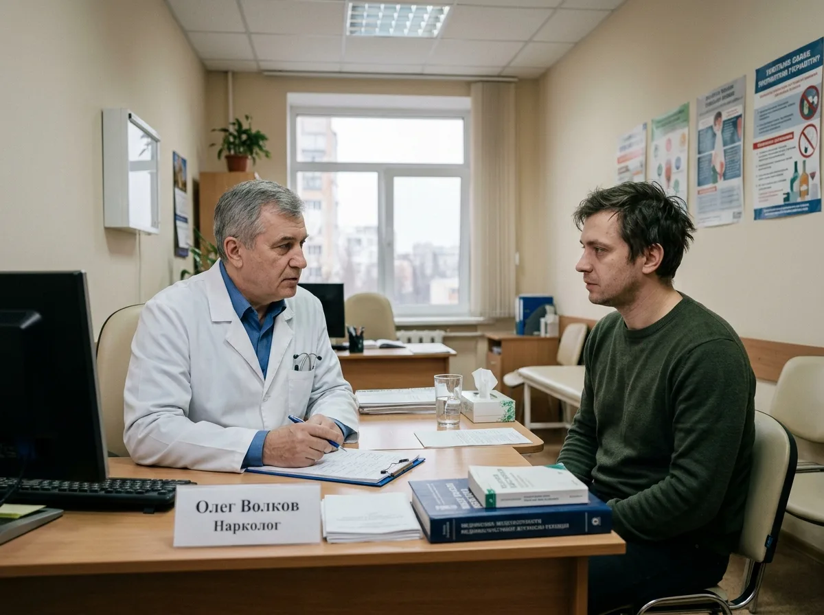 Нарколог на приёме ведёт беседу с пациентом в кабинете, медицинская обстановка, нейтральный тон